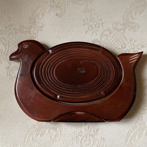 Vintage decorative wooden duck fruit basket, trivet, handmade, great details - Picture 7 of 11